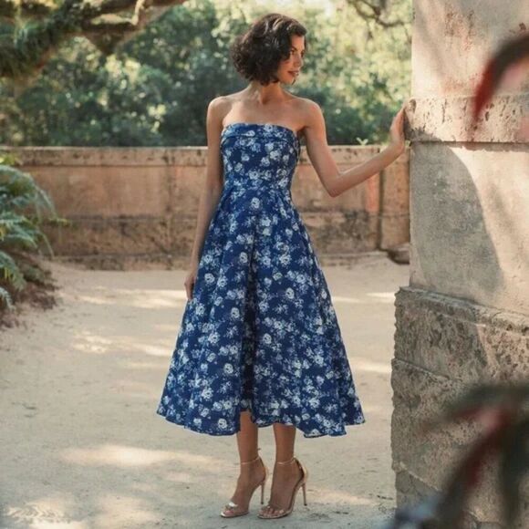 Mac Duggal 68617 Womens Size 10 Blue White Floral‎ Brocade Strapless Midi Dress - Picture 1 of 8